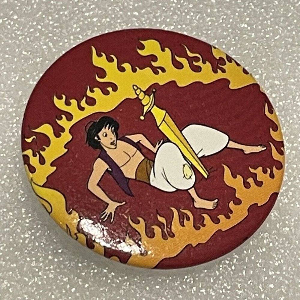 Vtg 1994 Aladdin Promo Movie Pin Back Button Badge Fire Sword Disney